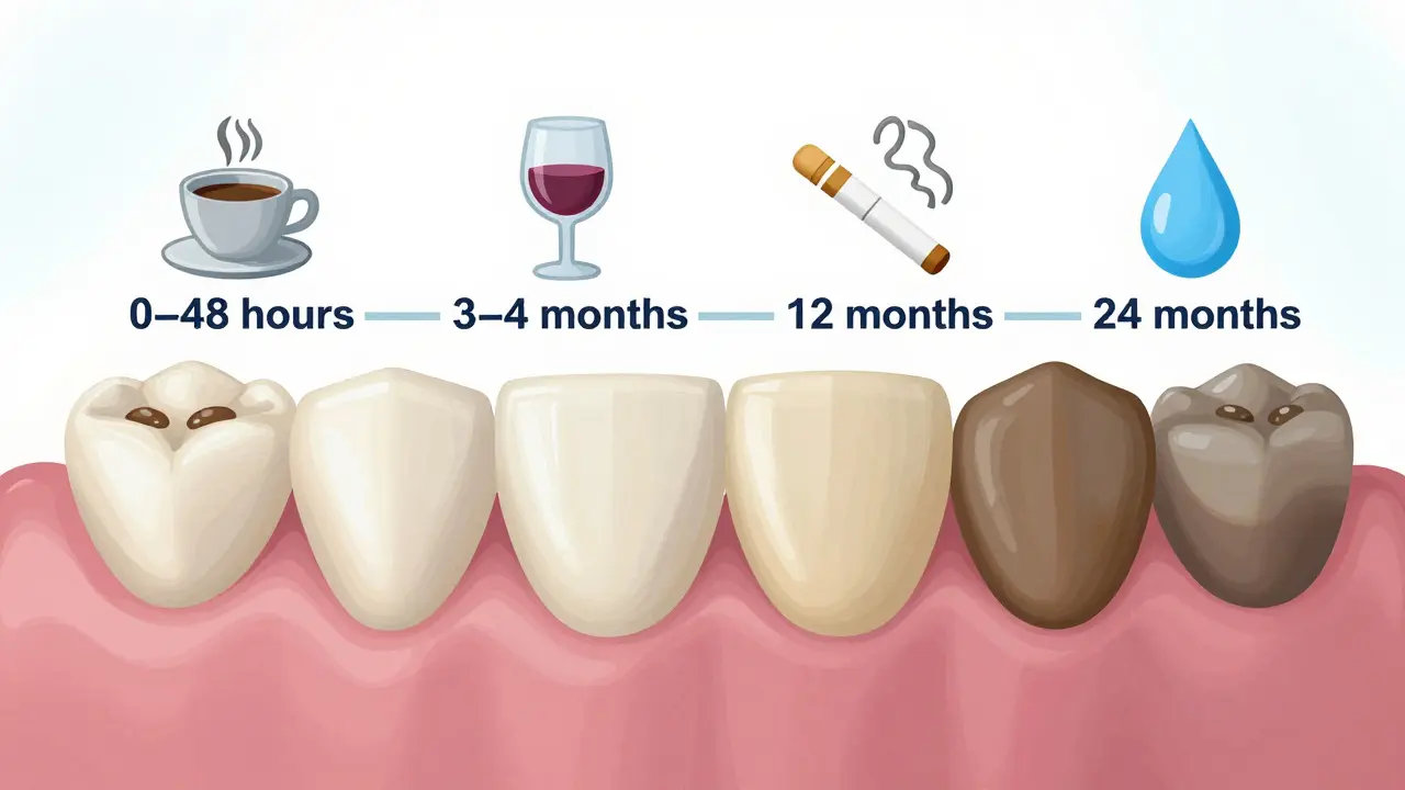 Dentalní schéma s časovou osou ukazující, jak se bělené zuby postupně zbarvují podle návyků.