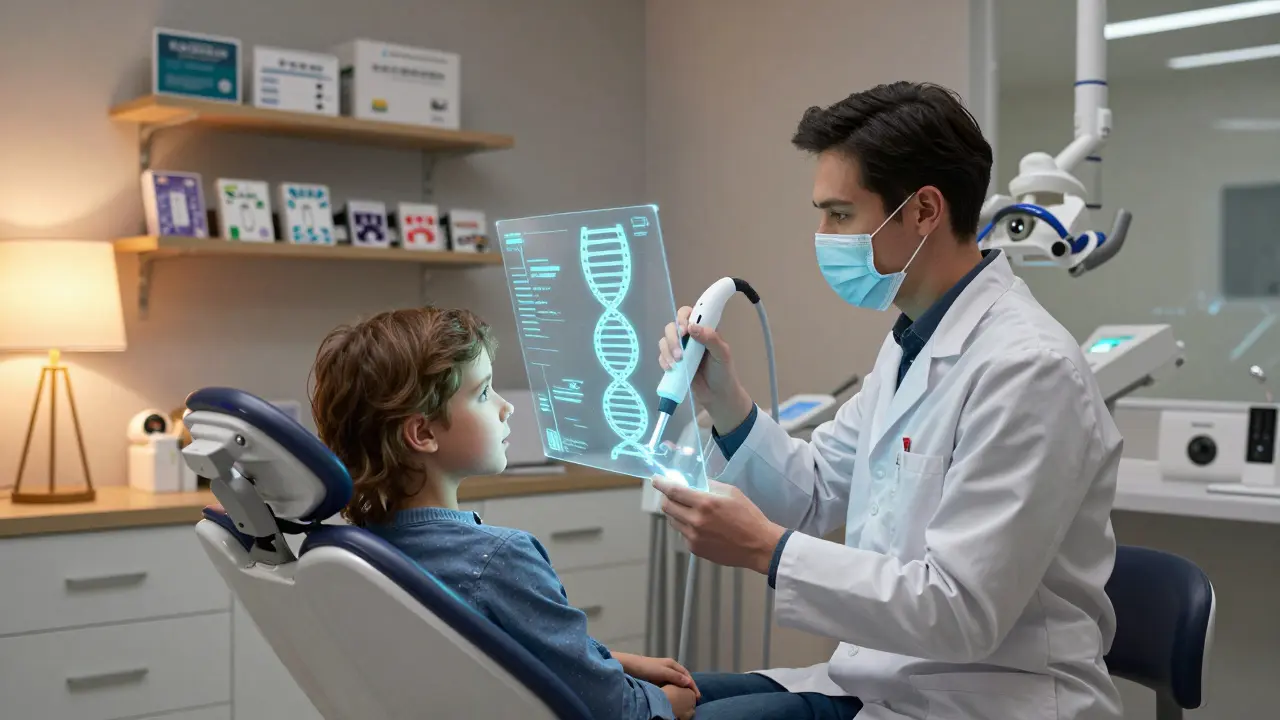 Dentista skenuje DNA dítěte na holografickém displeji v pražské ortodontické klinice.