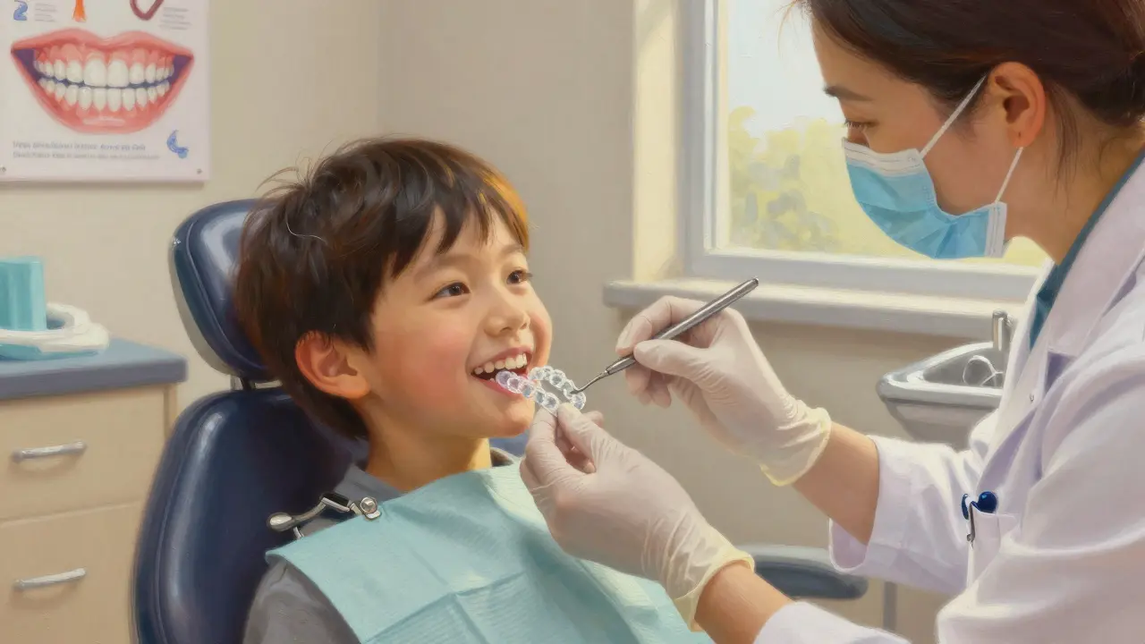 Dítě se usmívá, když mu dentista dává průhledné alignery na zuby.