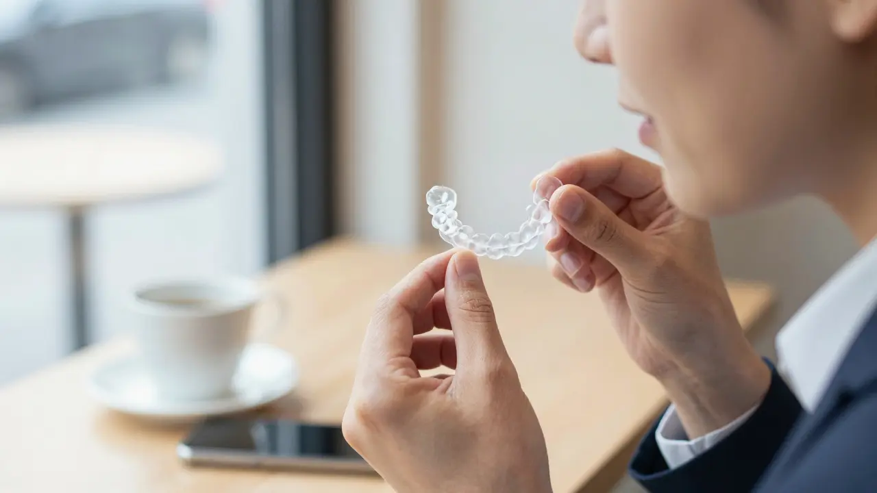 Dospělý odstraňuje Invisalign během oběda v kavárně.