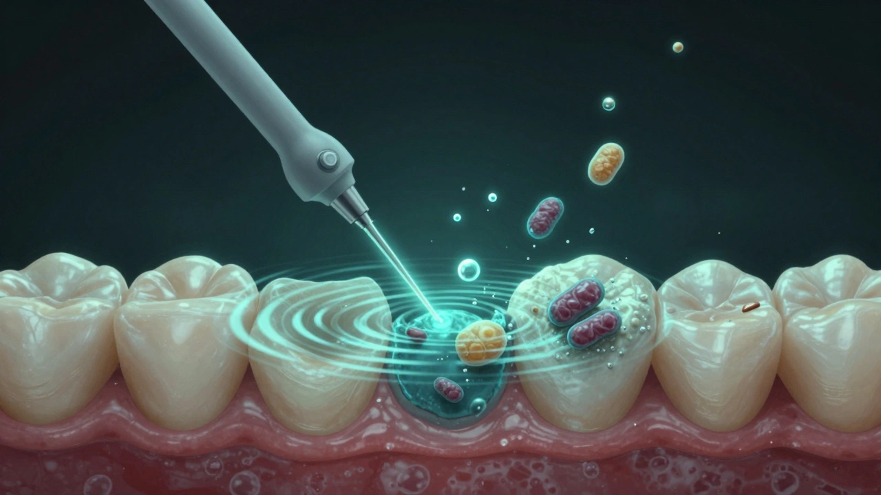 Mikroskopický pohled na ultrazvukové vlny rozkládající zubní kámen a biofilm v ústech.