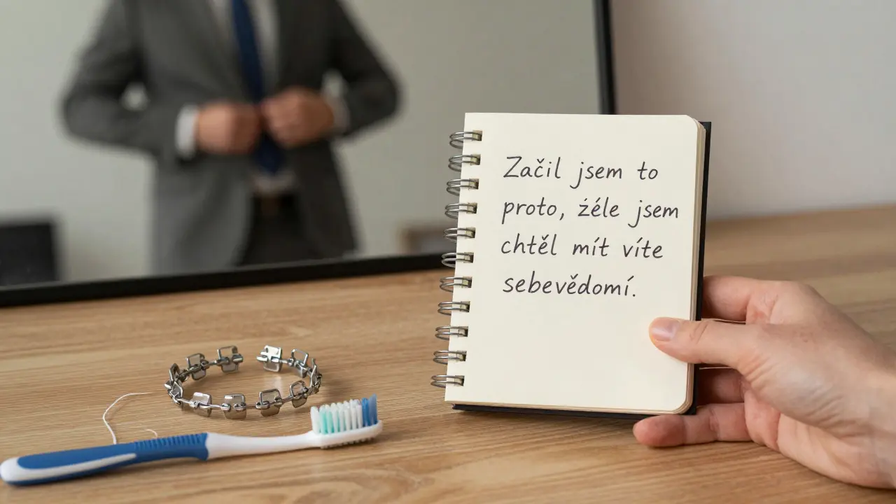 Odstraněné rovnátka leží vedle zápisku o sebevědomí na dřevěném stole.