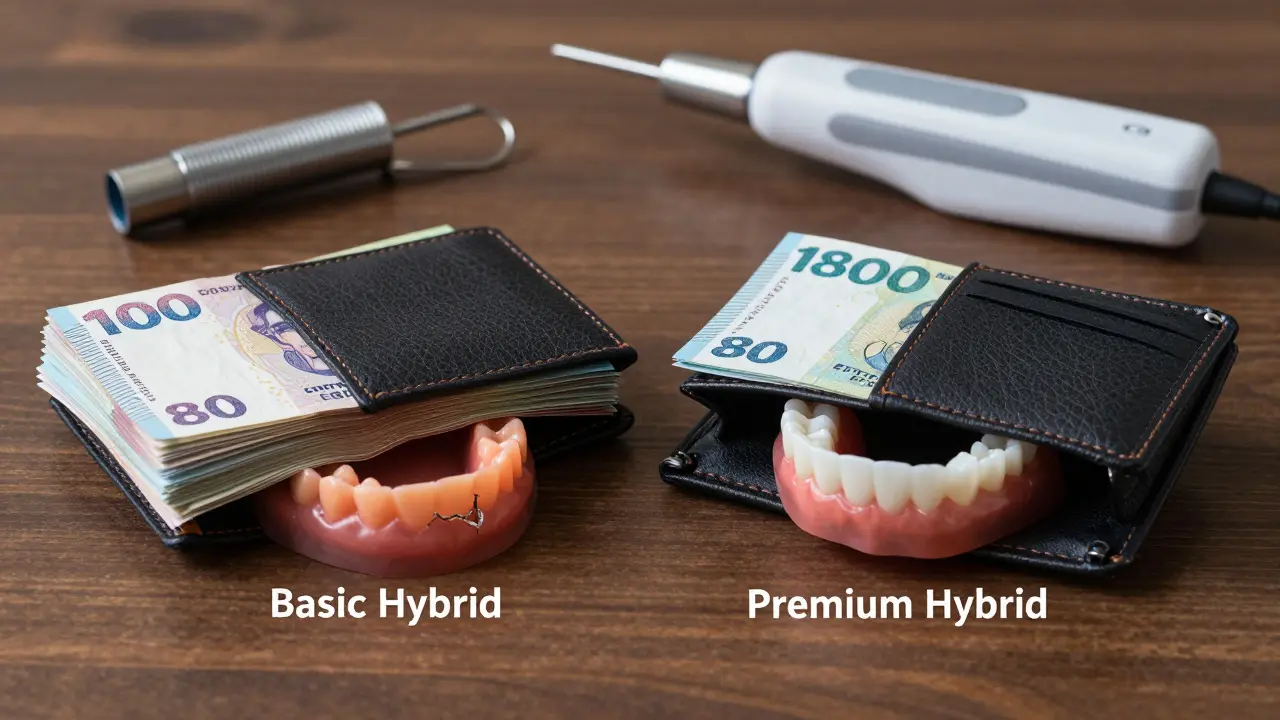 Porovnání cen hybridních zubních náhrad: levná vs. kvalitní verze s nástroji.