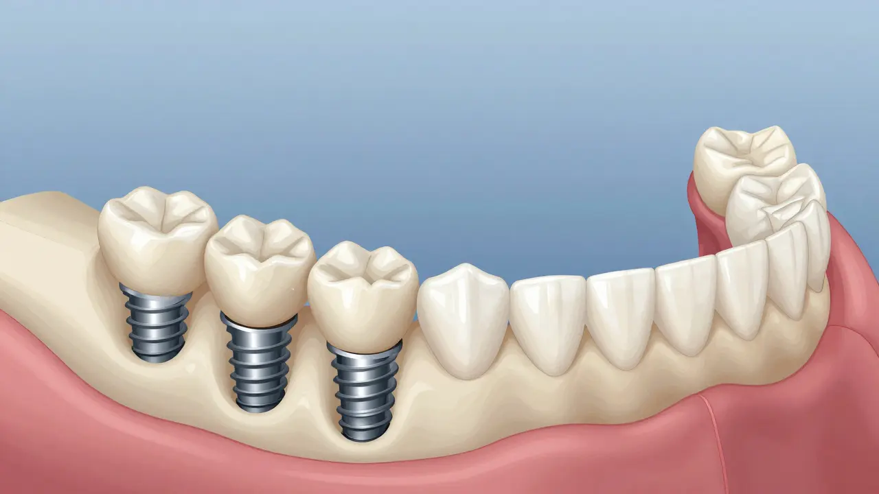 Průřez čelistí s implantáty a pevnou protézou, zachycující udržování kostní hustoty.