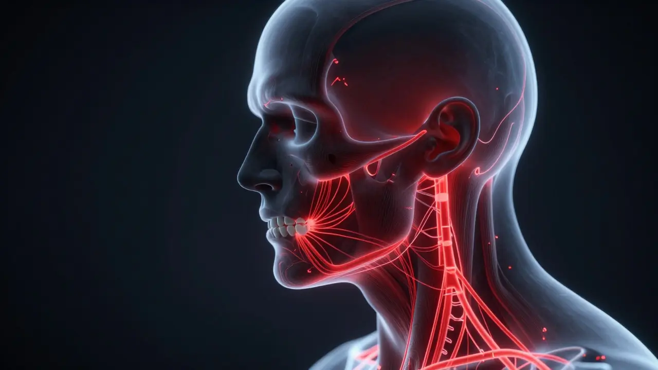 Silhouette of a clenched jaw with glowing pressure waves spreading to the head.