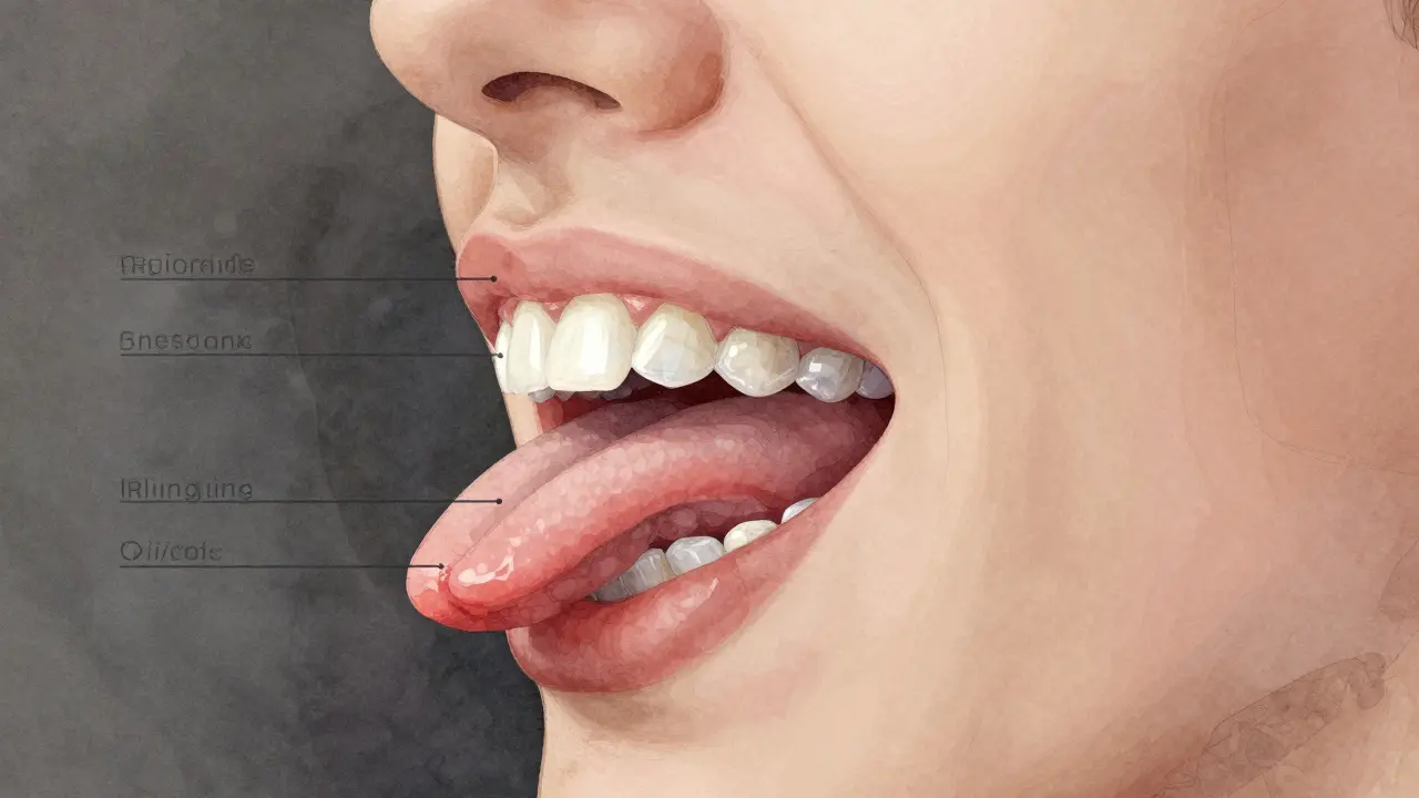 Vnitřní pohled na ústní dutinu s protézou a polohou jazyku při mluvení, anatomicky přesně znázorněná.