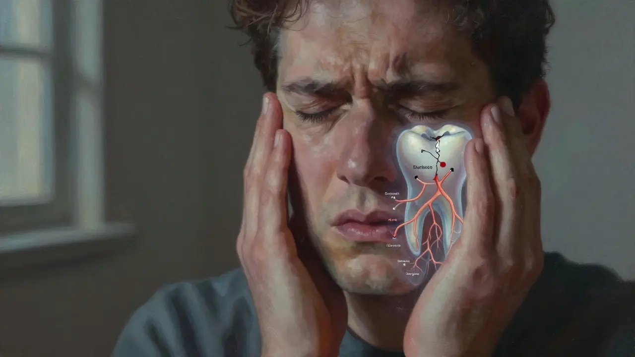 Osoba s bolestí čelisti, s přehledem vlivu zubní infekce na celé tělo.