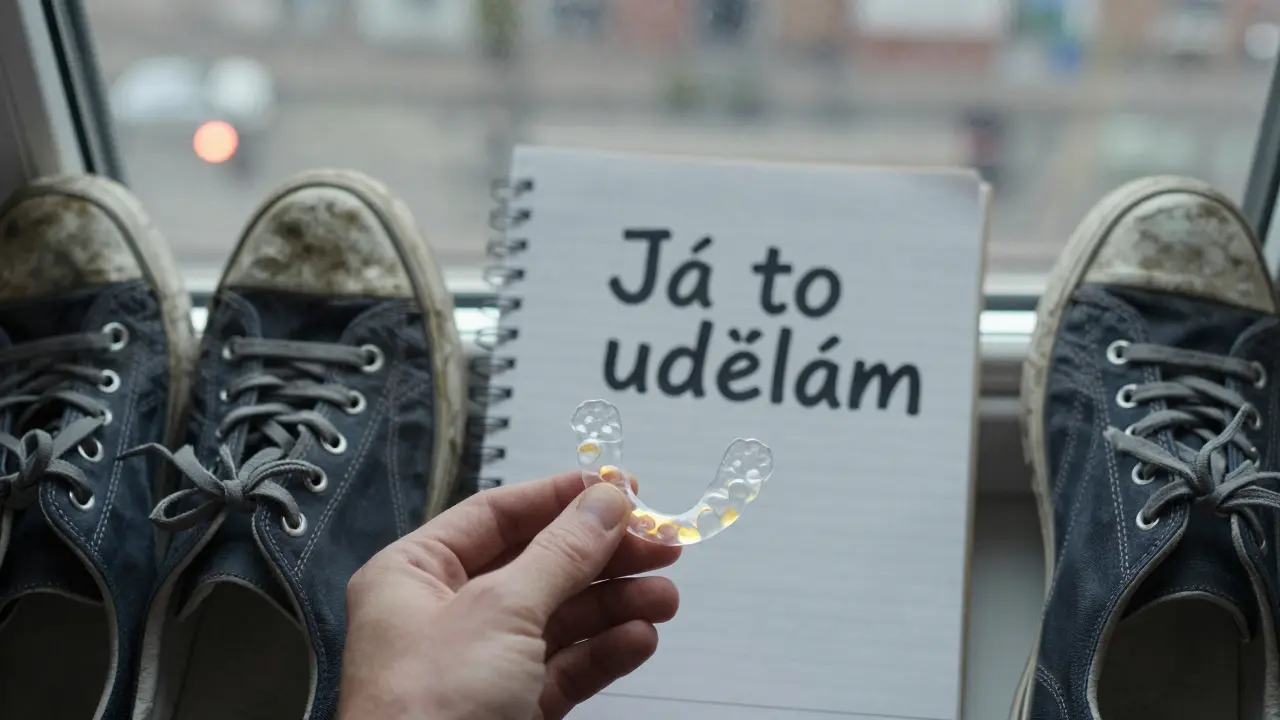 Průhledné rovnátka vedle zápisku s větou 'Já to udělám'.