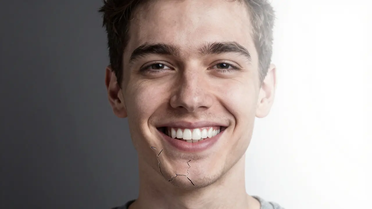 A person's face showing the contrast between damaged jaw and restored dental structure after full reconstruction.