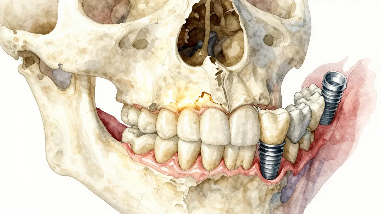 Cross-section of a jawbone showing bone loss on one side and healthy implant integration on the other.