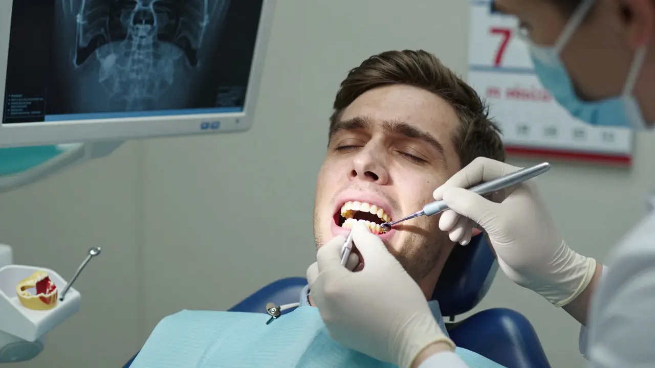 Zubní lékař odstraňuje poškozený nalepovací zub a odhaluje karies pod ním.