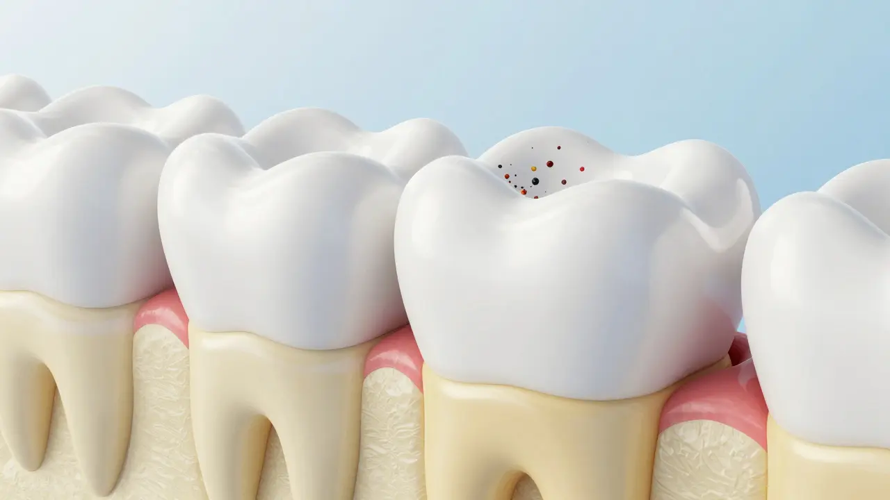 3D model zubu znázornující strukturu skloviny, dentinu a pigmentů