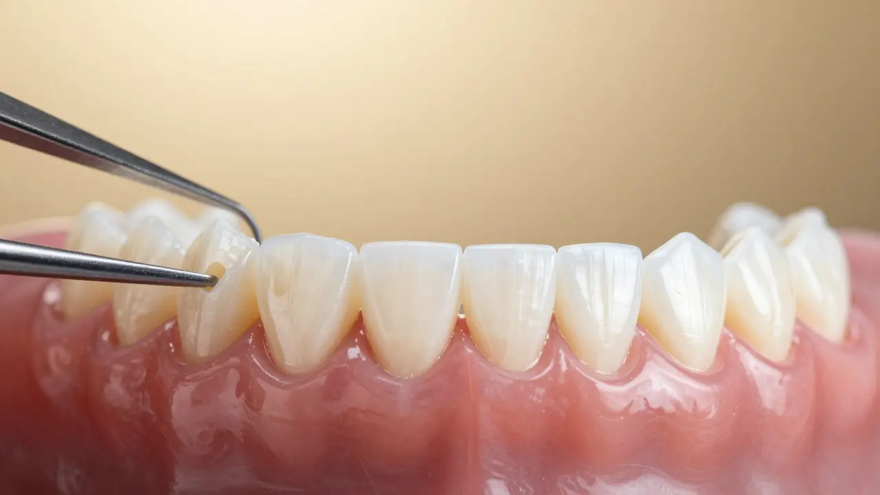 Detail přípravy zubu na vinyr vedle výsledného symetrického a bílého úsměvu.