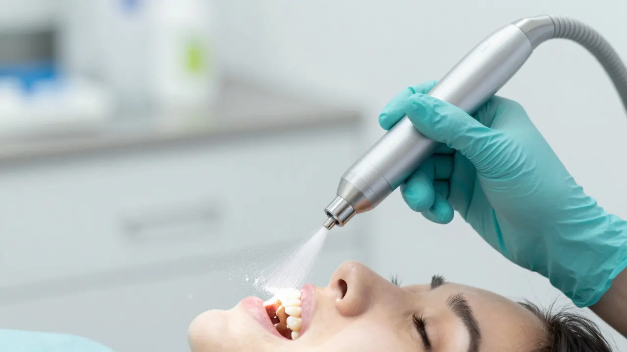 Detail profesionálního čištění zubů metodou AirFlow v moderní klinice