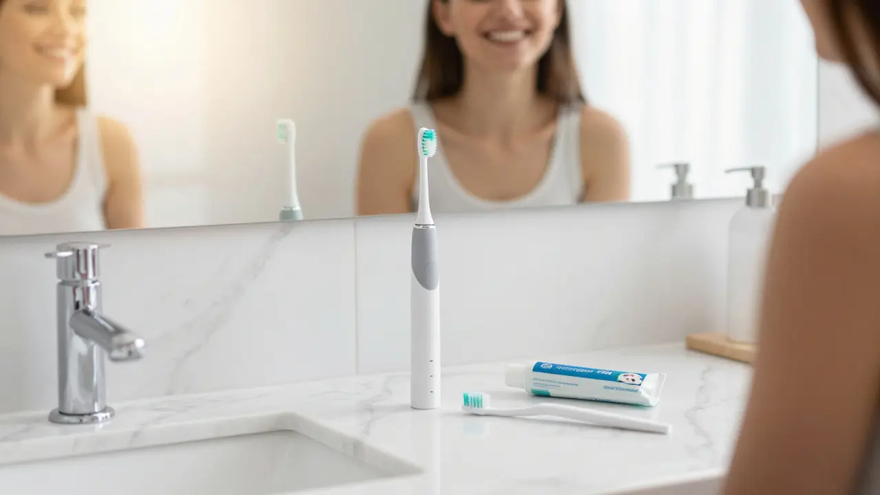 Sada pomůcek pro hygienu zubů s elektrickým kartáčkem na mramorovém povrchu.