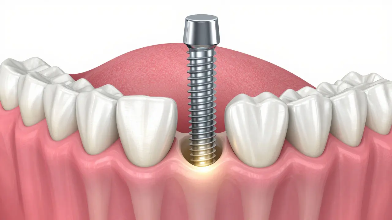 3D ilustrace titanového zubního implantátu integrovaného do čelistní kosti