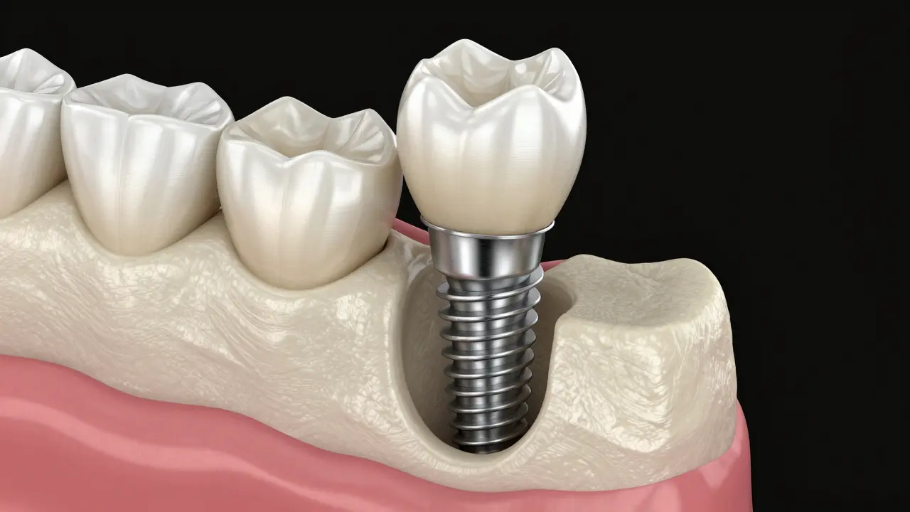 3D ilustrace zubního implantátu zasazeného do čelistní kosti s korunou.