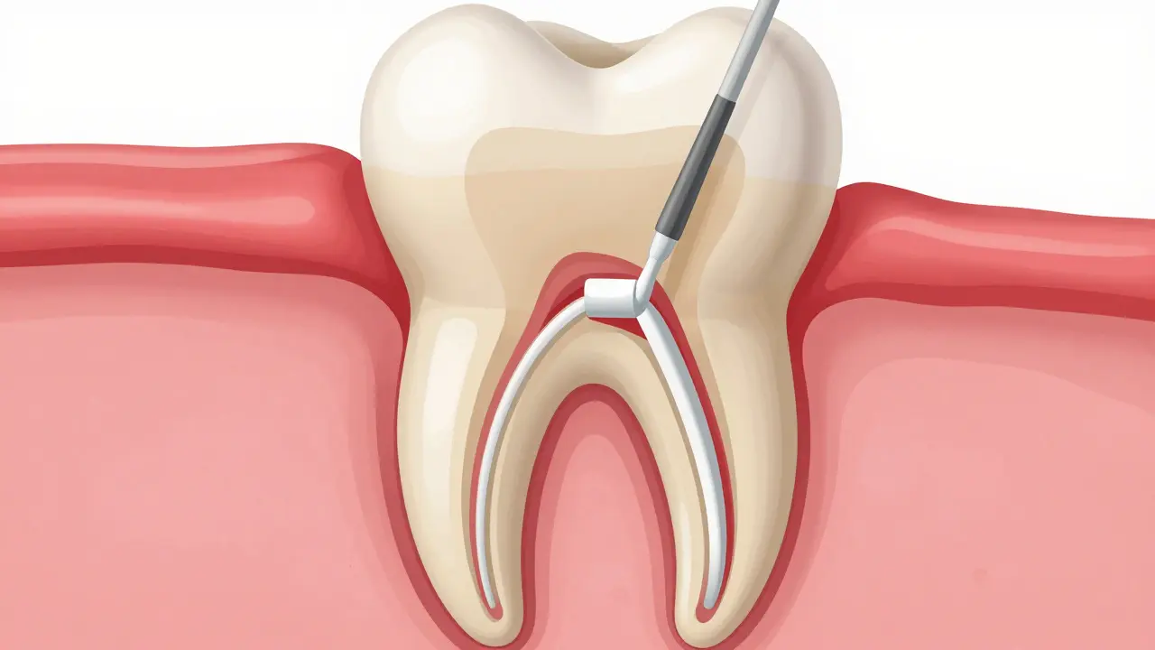 Anatomický průřez zubem ukazující proces čištění kanálků