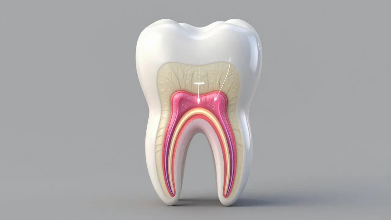Anatomický řez zubem ukazující sklovinu, dentin a nerv