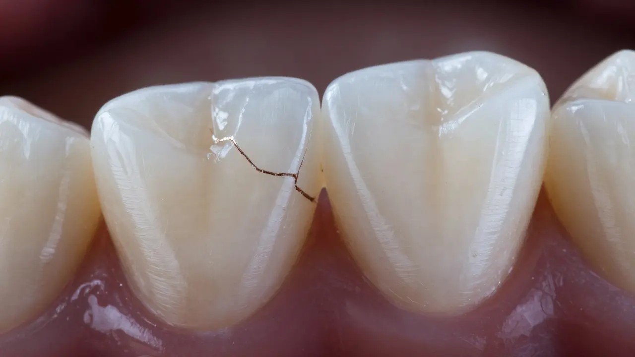 Detailní záběr prasklého předního zubu vedle zdravého bílého zubu.