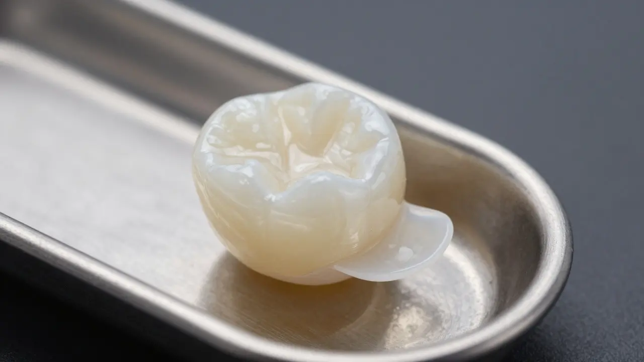 Keramická zubní korunka a tenká porcelánová fazeta na sterilním podnose v laboratoři