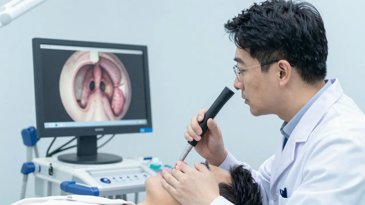 ORL specialista provádí endoskopické vyšetření nosní dutiny pacienta