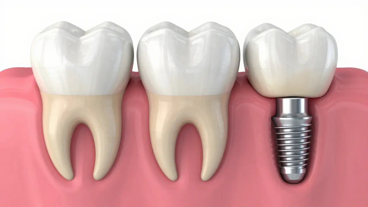Srovnání implantátu, můstku a přirozeného zubu