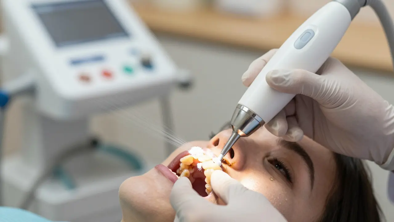 Profesionální dentální hygiena pomocí Air Flow zařízení pro odstranění povlaku