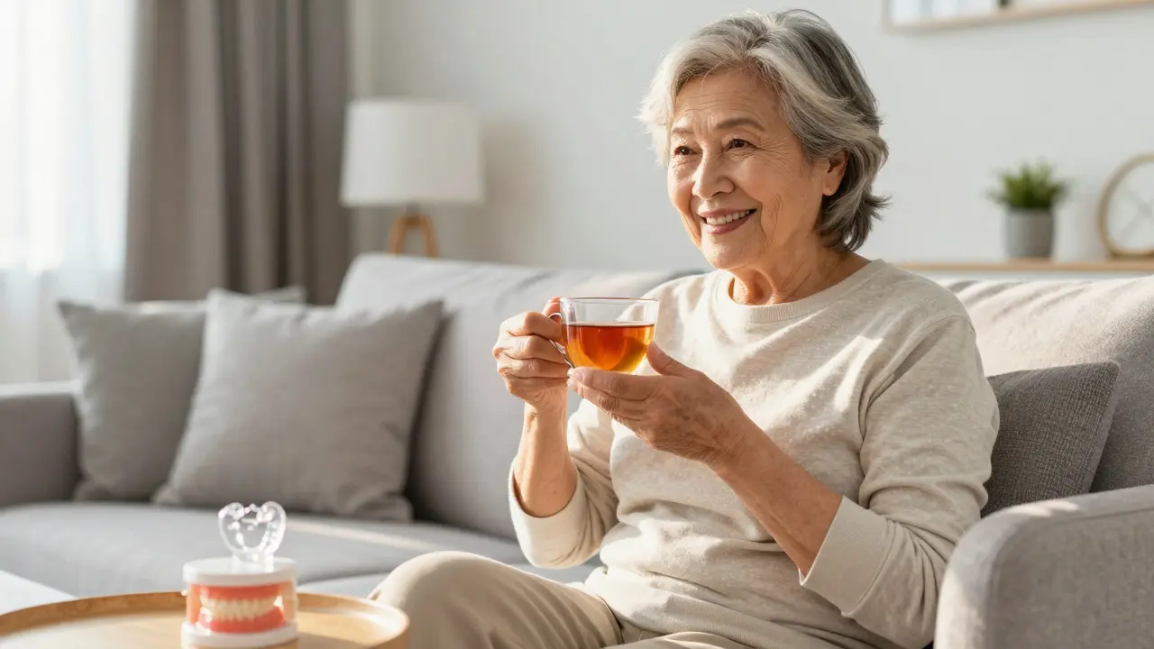 Usmívající se seniorka s hrnkem čaje a náhradou k nočnímu namočení