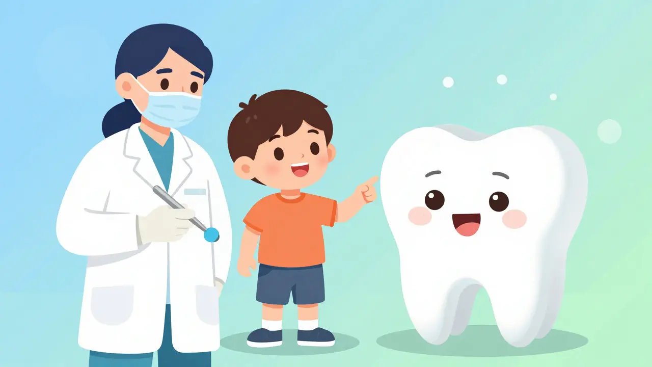 Dítě s dentálním hygienikem a veselým zubním motivem v ordinaci.