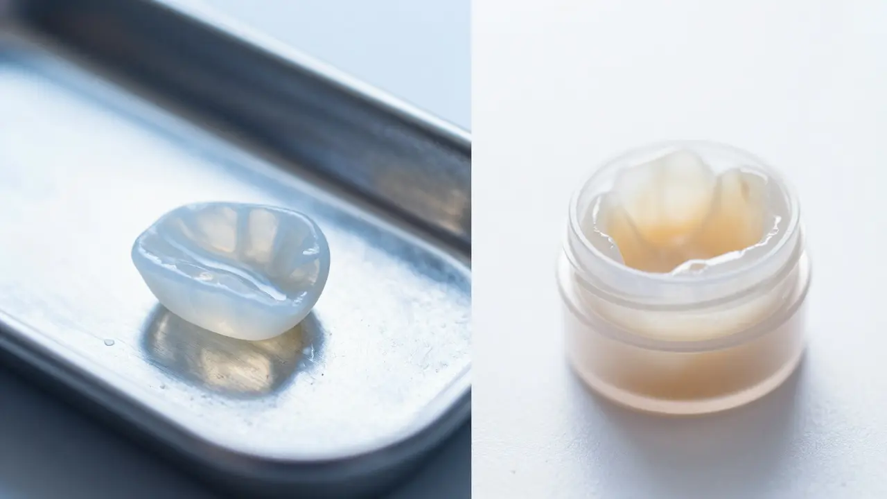 Porcelánová fazeta vedle kompozitního materiálu na klinickém podkladu