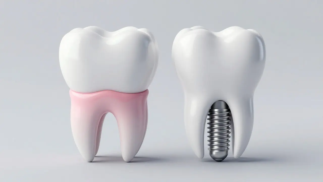 Porovnání přirozeného zuba s vazivem a zubního implantátu