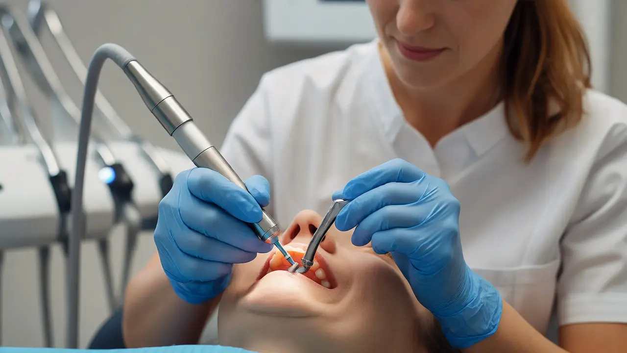 Dentální hygienistka odstraňuje kámen ultrazvukem