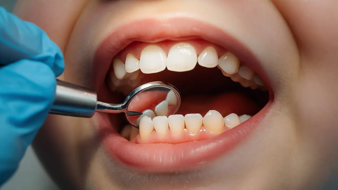 Detailní pohled na jemné čištění dětských mléčných zubů nástrojem.