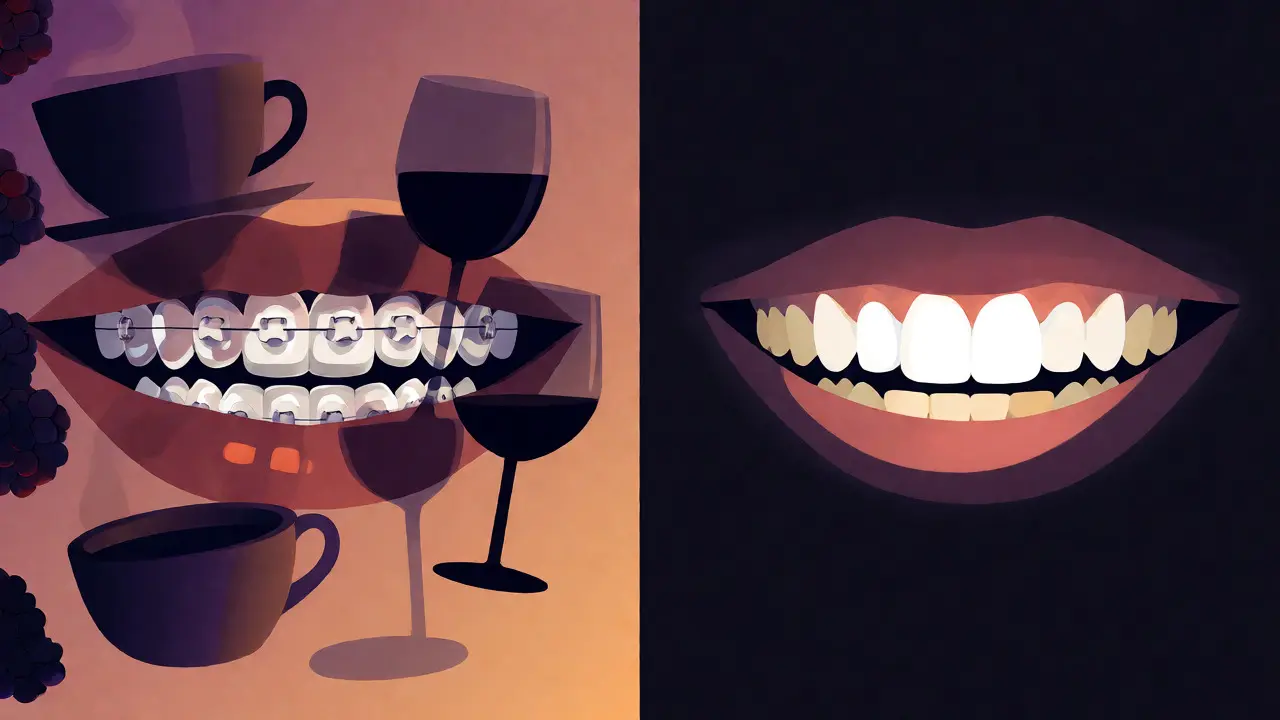 Konceptuální ilustrace vlivu potravin na zuby během ortodoncie