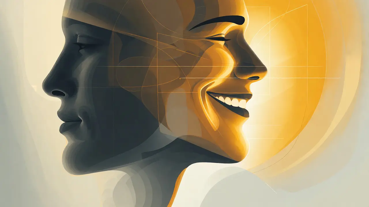 Abstraktní ilustrace přeměny nejistoty v sebevědomý úsměv.