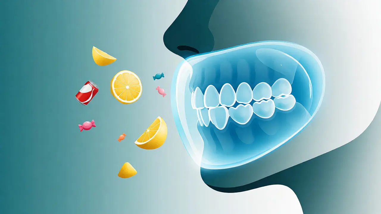 Ilustrace ochranného štítu slin a fluoridu proti cukru a kyselinám
