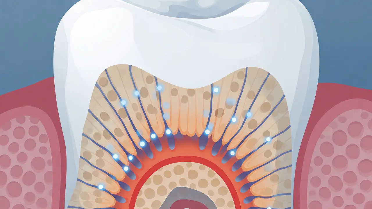 Ilustrace otevřených kanálků v dentinu způsobujících citlivost