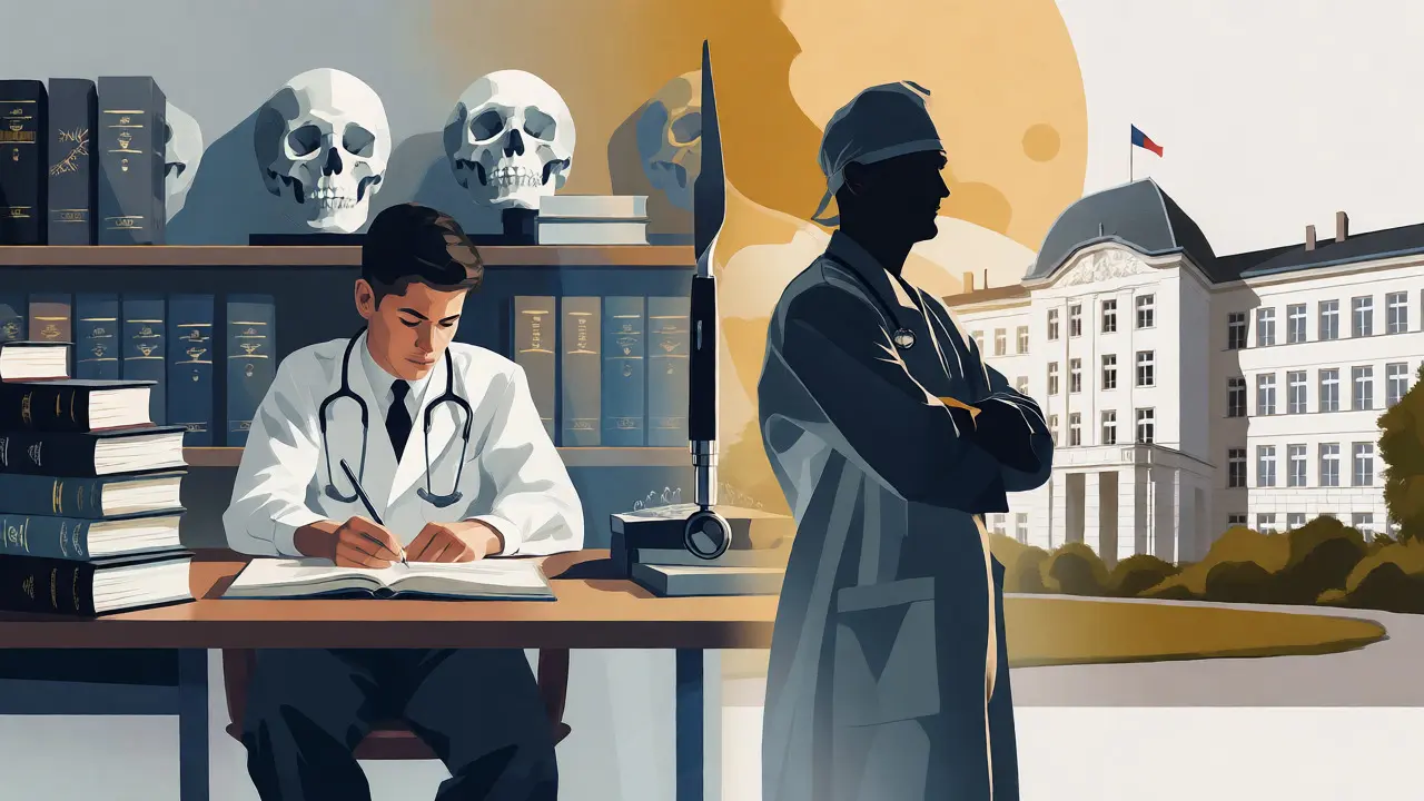 Konceptuální ilustrace cesty od studia anatomie k praxi chirurga v nemocnici.