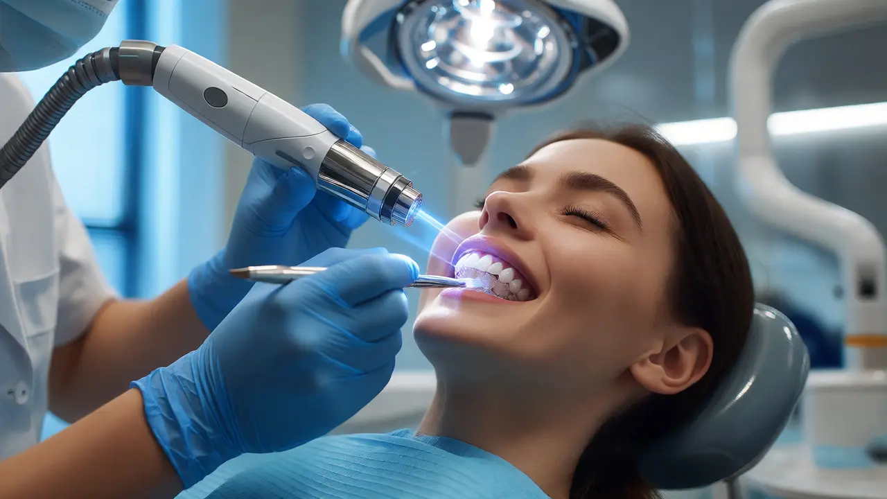 Laserové bělení zubů v moderní ordinaci s aplikací gelu a světlem