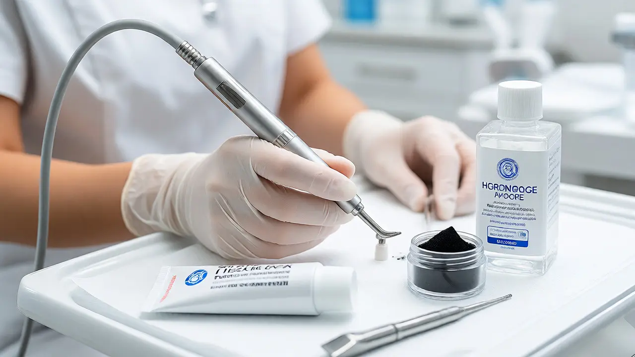 Zubní hygienista s nástroji pro profesionální čištění a bělení zubů